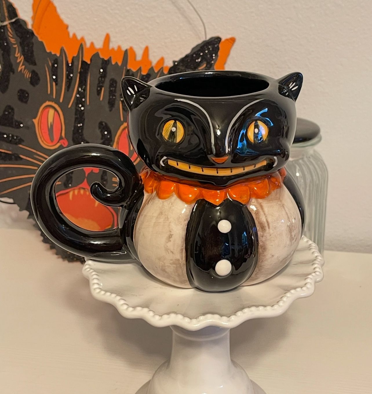 JOHANNA PARKER VINTAGE STYLE BLACK CAT PEEP HALLOWEEN LARGE MUG CUP FOLK ART
