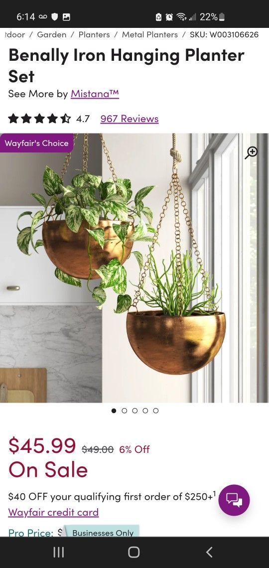 Metal Hanging Pots, Gold, Wayfair