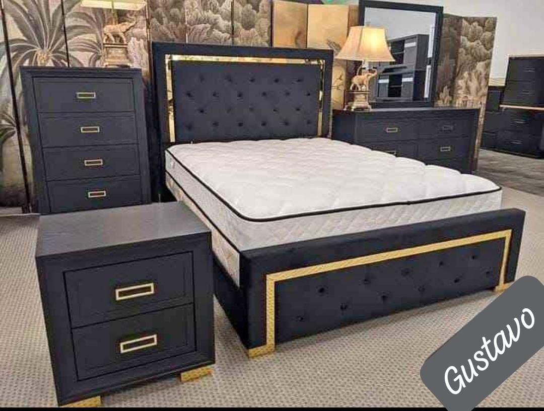 $66 down Total 5 Pcs Bedroom Set Queen/King Bed Dresser Nightstand Mirror and Chest Pepe