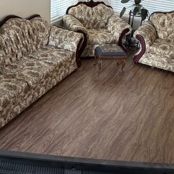Vintage Floral Wooden Trim Couch 