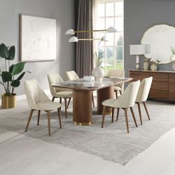 Willene Modern Dining Table | Ceramic Top, Walnut Finish & Gold Accent | 71" x 35" x 30"