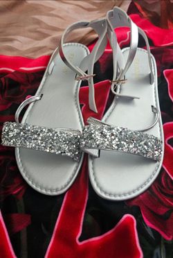 Silver Glitter Flat Sandals with Ankle Strap