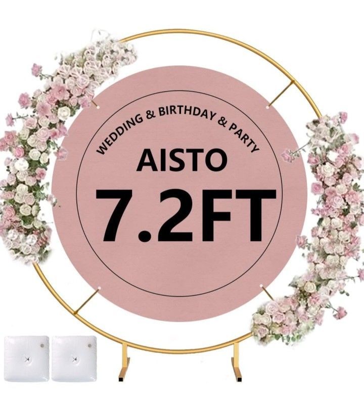 Round Backdrop Stand 7.2FT Arch Balloon Golden Metal Circle Garland Frame with Base for Wedding Arches Birthday Party Baby Shower Graduation Decoratio