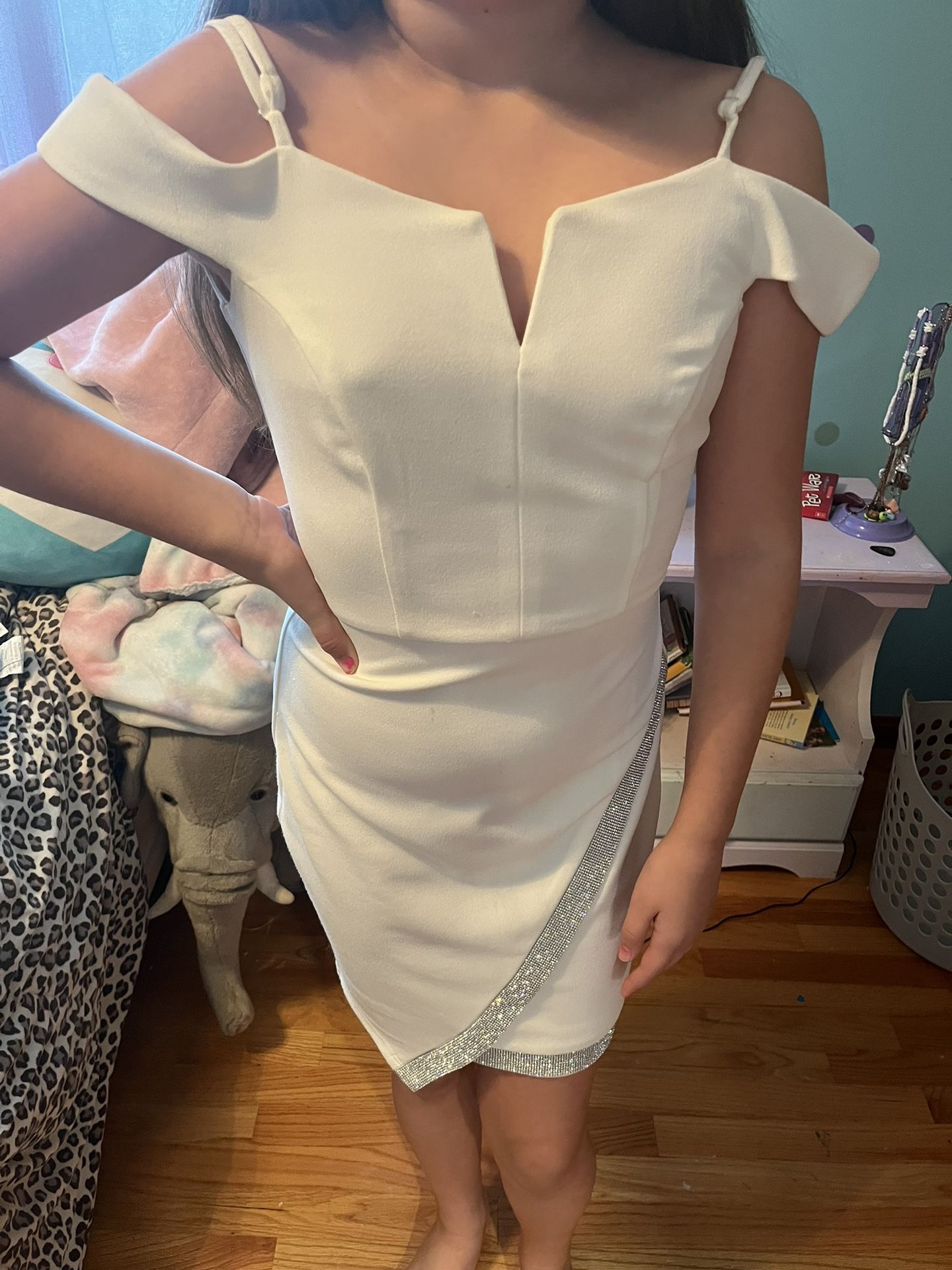 Size 0 White Dress With Rhinestone Accents 