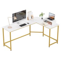 L Shaped Desk White And Gold Color Long Desk