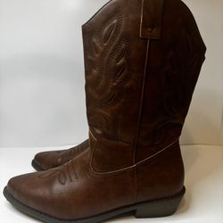 Women's Faux Leather Western Cowboy Mid Block Heel Boots, Dark Tan , Size 10