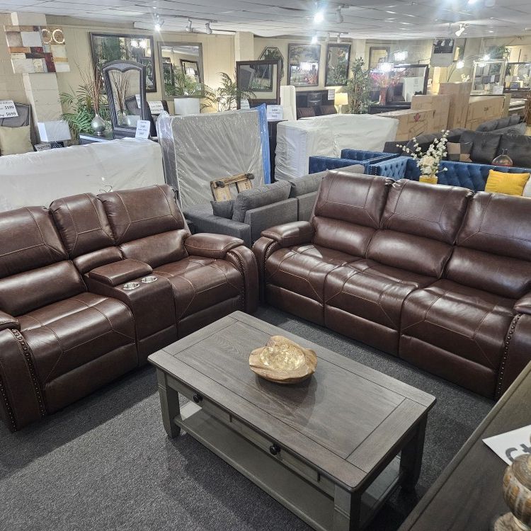 Brand New Brown Leather Fabric Manual Reclining Sofa + Loveseat With Cup Holders, Center Console, And Charging Ports