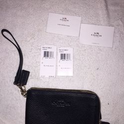 Coach Black Leather Wristlet Waller 2 Compartments New 