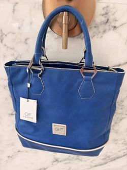 GF Ferre Blue Shopper Tote Bag Top Handle White Trim NWT $830 Gianfranco Ferre