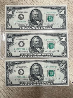 $50 old bills 3 sequential serial number series 1974