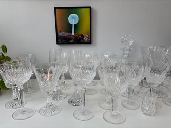 Vintage Cut Crystal Glassware Lot, 30 Mixed Pieces, Decanter, Wine Glasses, Coupes