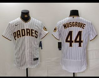 Size Small, Medium, Large, And XL.       Nike San Diego Padres Musgrove 44 MLB Baseball Jersey White Brown Pinstripe