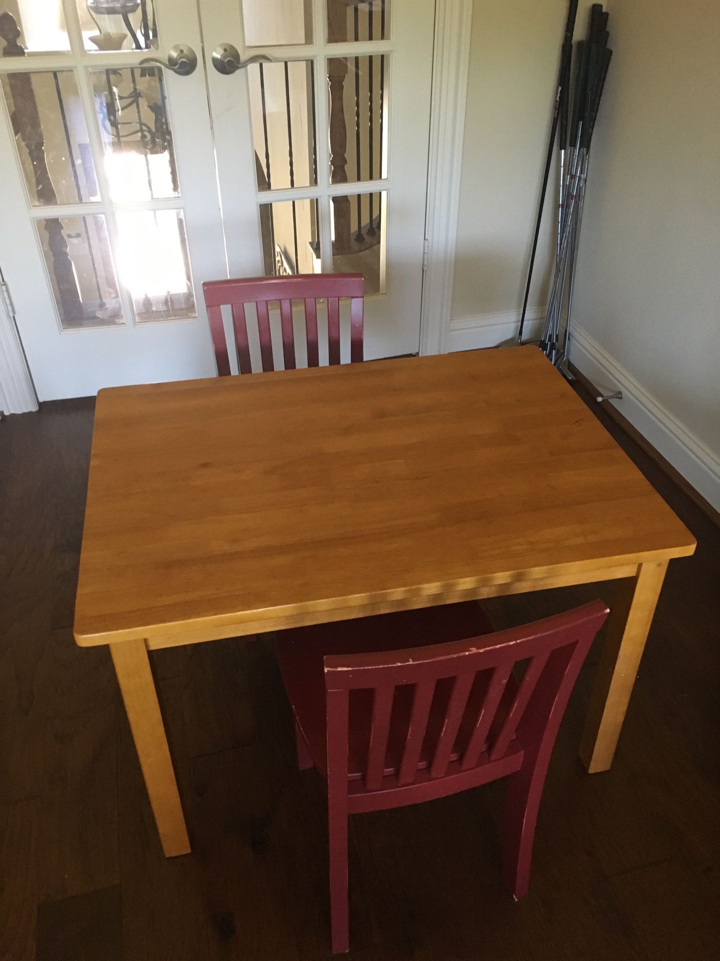 Pottery Barn Kids table and 2 red chairs