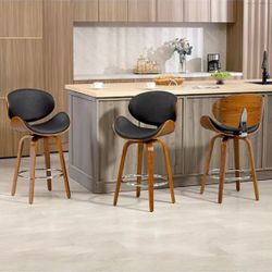 26'' Swivel Bar Stools Set of 4, Upholstered Faux Leather. Black