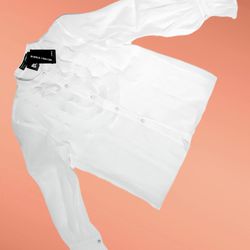 MeiMei Studio Ruffled White Long Sleeve Blouse Womens Size M Medium Sheer Button Down Shirt