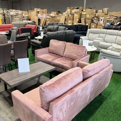 Living Room Pink Couch and Loveseat with Coffee Table