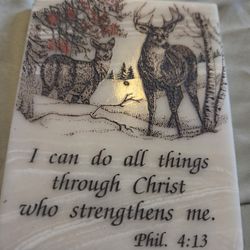 vintage marble etching featuring a winter deer scene and the scripture Philippians 4:13, "I can do all things through Christ who strengthens me". 