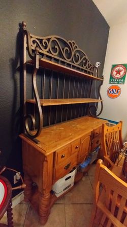 Wood and Wrought Iron Baker's Rack Hutch