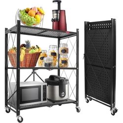 New 3 Tier Foldable Rolling Shelf on Wheels, No Assembly Metal Wire Storage Rack Freestanding Kitchen Appliance Stand with Lockable Casters for Garage
