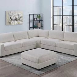 Beige Corduroy Sectional Sofa With Ottoman 