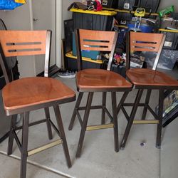 3 Swivel Wooden/Metal Barstools