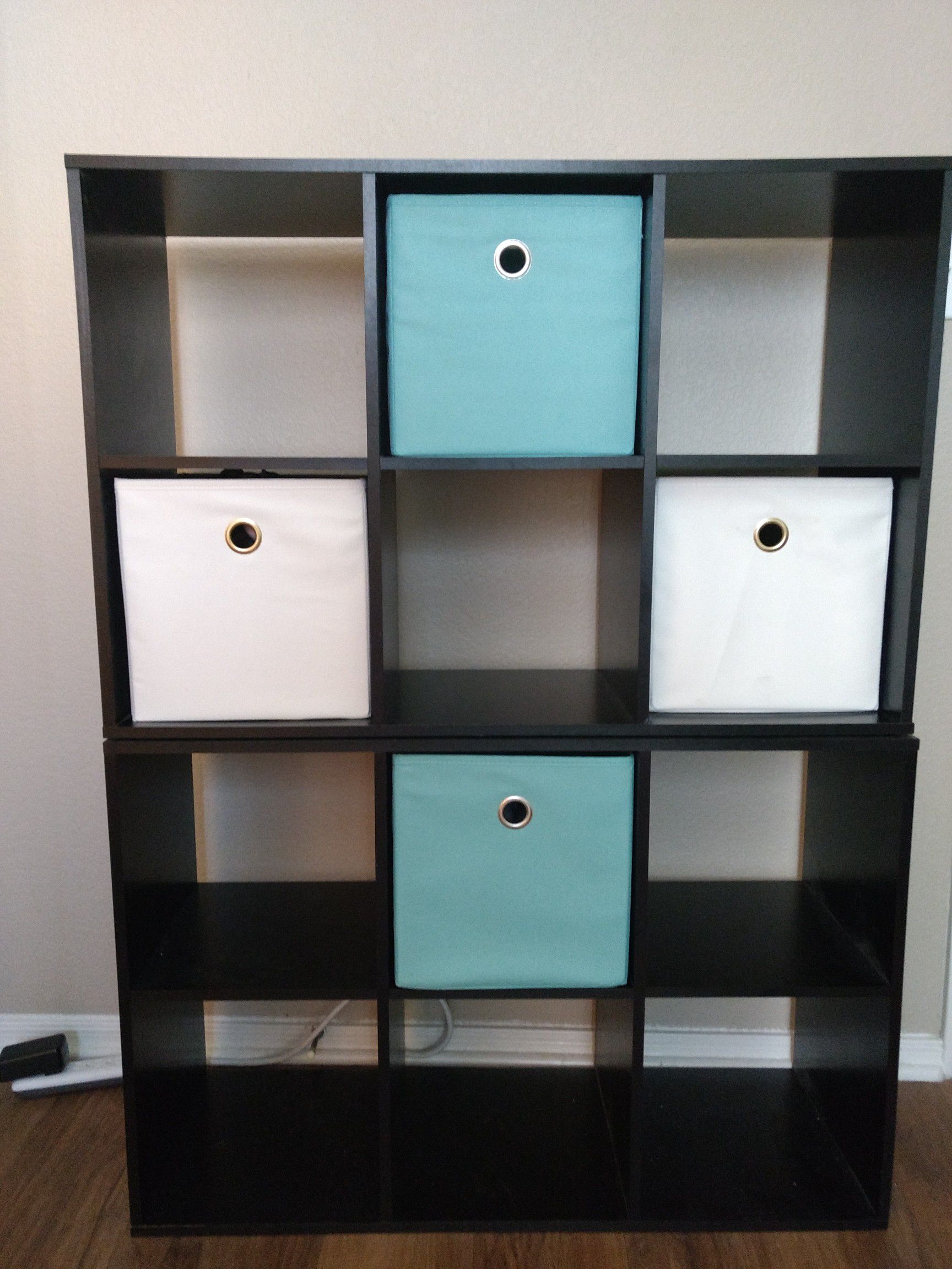 2 new bookshelves, black w/ cute storage containers