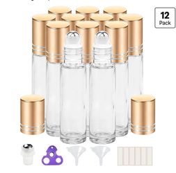 PrettyCare 12 Pack, 10 ml Essential Oil Roller Bottles with Stainless Steel Roller Ball - Refillable Leak-proof Empty Thick Clear Glass Roll on Bottle