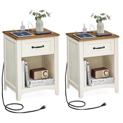 Farmhouse Nightstand with Charging Station(set of 2)Bedside Table, Side Table with Drawer, Open Compartment, for Bedroom, Rustic White and Honey Brown