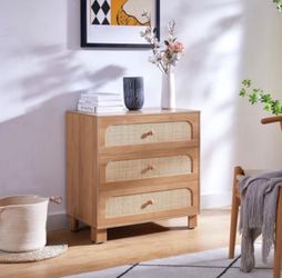 3 Drawer 30" W Solid Wood and Rattan Dresser Cabinet