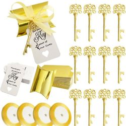100 PCS Skeleton Key Bottle Opener,Wedding Favors Souvenir Gift for Guests with Escort Card Thank You Tag Pillow Box and Satin Ribbon(Gold)

