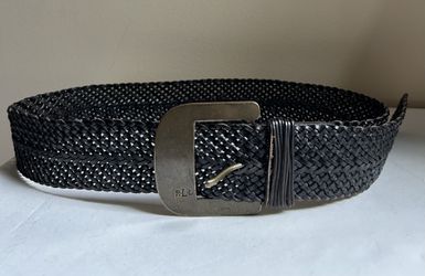 Lauren Ralph Lauren Women Wide Braided Black Genuine Leather Belt Metal Buckle