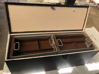 Black metal toolbox with metal shelf and 2 containers