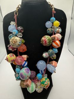 INC Maximalist Eclectic Mixed Bead Statement Necklace Murano Glass Yarn Ceramic