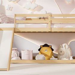Low Bunk Bed with Slide, Floor Loft Bed with Climbing Ladder, Wood Twin Bunk Bed Frame 