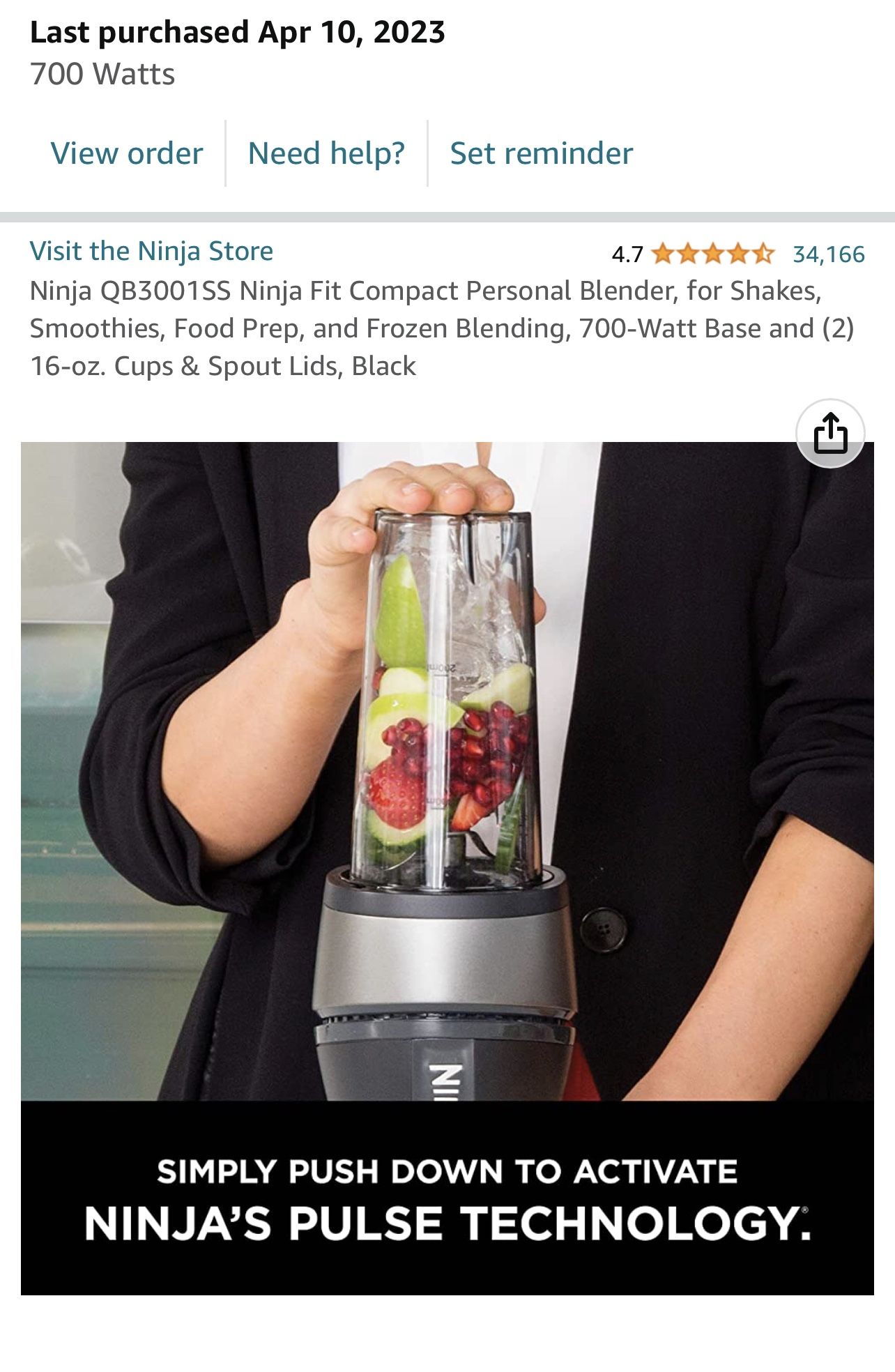 Ninja QB3001SS Fit Compact Personal Blender, Pulse Technology for Smoothies  New
