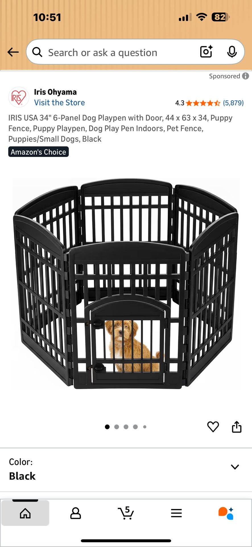 34" 6-Panel Dog Playpen with Door, 44 x 63 x 34, Puppy Fence