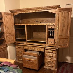 Free Large Oak Desk With Chair And Side Cabinets 