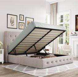 Queen Size Lift Up Storage Button-Tufted Bed Frame Light Beige Modern Wingback Headboard, Hydraulic Support Storage, No Box Spring Needed