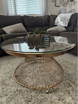 Modern Gold Wire Coffee Table with Glass Top | Platner Style | Mid-Century Modern
