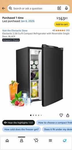 Electactic 2.56 Cu.ft Compact Refrigerator with Reversible Single Door, Black Mini Fridge