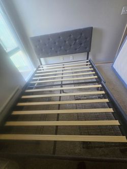 Gray Upholstered Bed Frame with Tufted Headboard