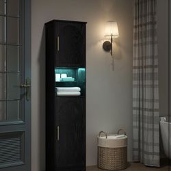 Tall Bathroom Storage Cabinet with LED Lights, Bathroom Floor Freestanding Cabinet with Open Space, Adjustable Shelves, Tall Corner Cabinet for Living