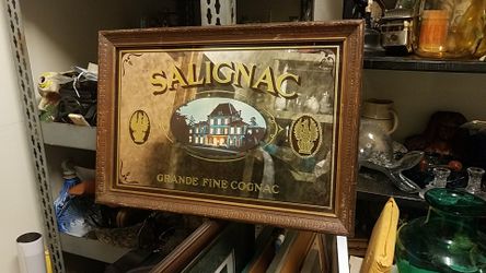Man cave cognac bar mirror very RARE. Woden frame Salignac vintage piece
