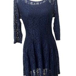 Y2K Whimsigoth Skater Dress Navy Blue Floral Layered Lace Overlay Slip Underneath. Sheer 3/4 Sleeves. Knee Length. Fit & Flare. Size Medium. #Fairy #W