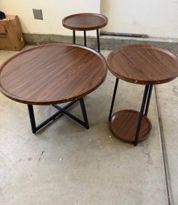 Coffee Table and End Table Sets, Round Coffee Table Set & 2 End Side Tables, Easy Assembly Vintage Living Room Table Set of 3, Suitable for Offices, L