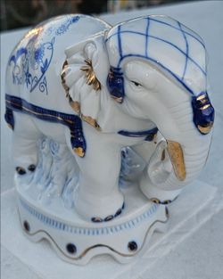 1950’s Blue & White Porcelain Elephant Figurine, Chinoiserie Decor, Hand-Painted, Gold Accents!