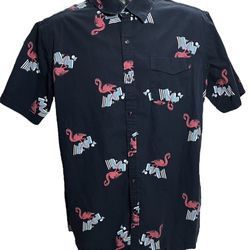Broken Threads Men’s Short Sleeve Button-Up Shirt Navy Blue Flamingo Print XL