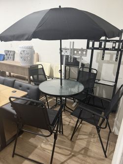 6 Piece Patio Dining Set with Umbrella, Outdoor Furniture Set with 4 Folding Chairs and Tempered Glass Top Dining Table for Lawn Backyard Garden Porch