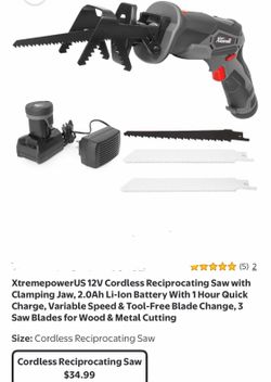 XtremepowerUS 12V Cordless Reciprocating Saw with Clamping Jaw, 2.0Ah Li-Ion Battery With 1 Hour Quick Charge, Variable Speed & Tool-Free Blade Change