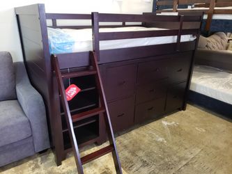 New twin size loft bed frame with dresser and bookcase tax included